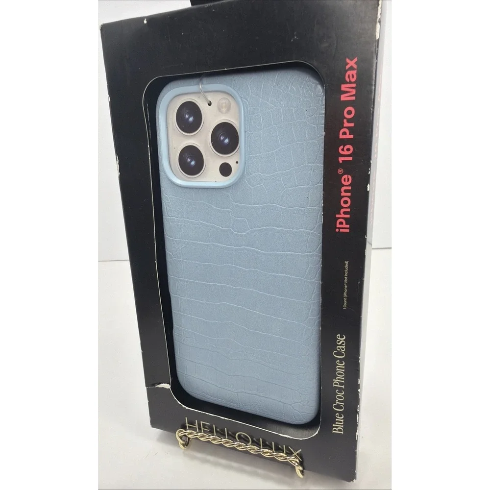 Hello Lux Blue Croc Faux Leather Phone Case for iPhone 16 Pro Max Dual Layer